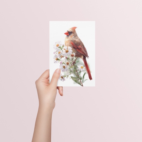 Watercolor Female Cardinal Bird with Flowers Wall Art Print Unframed - Picture 5 of 6
